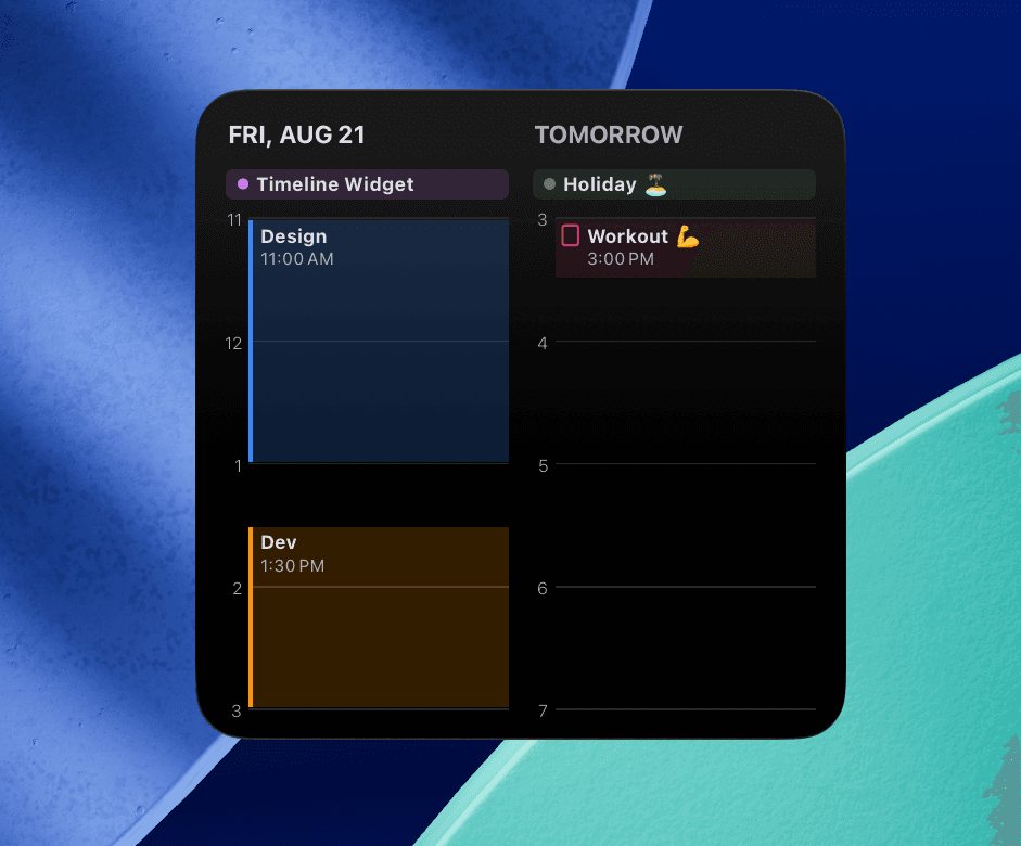 The 'Timeline' widget in Scheduler, a calendar app for iPhone, iPad, and Mac. Tap Today to open the app and go to 'Today,' or tap Tomorrow to open the app and go to 'Tomorrow.'