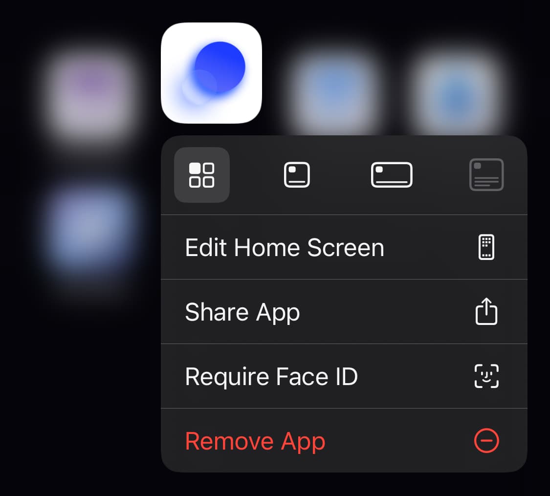 When you long-press the app icon, a menu appears with options like "Require Face ID (Require Touch ID)" or "Hide and Require Face ID".