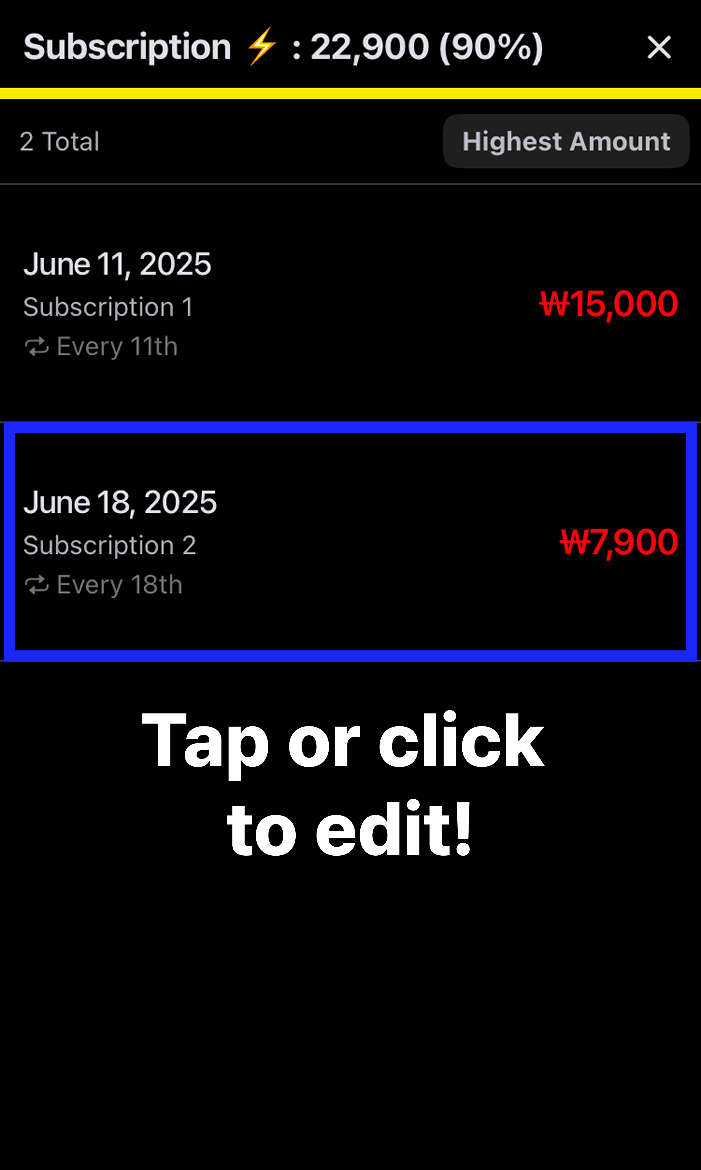 Tap on each income or expense item in the monthly summary category details to 'edit ✍️' them.