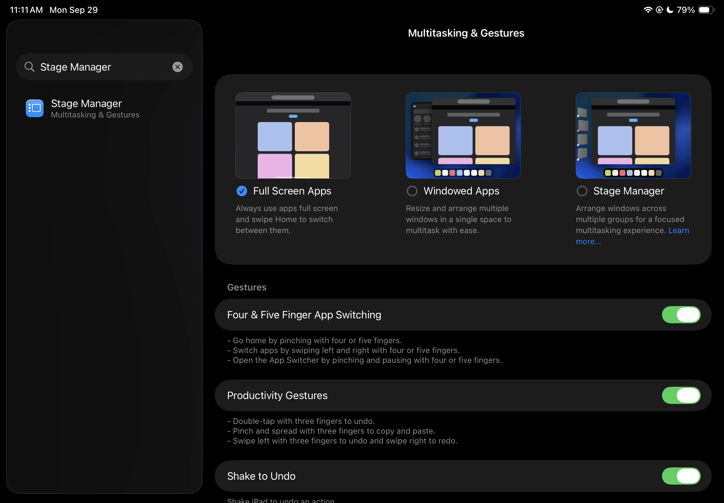 Search for "Stage Manager" or "Multitasking," then change "Windowed Apps" to "Full Screen Apps." Unfortunately, in iPadOS 26, features like Split View and Slide Over are no longer available. It seems they have been merged into the "Windowed Apps" system.