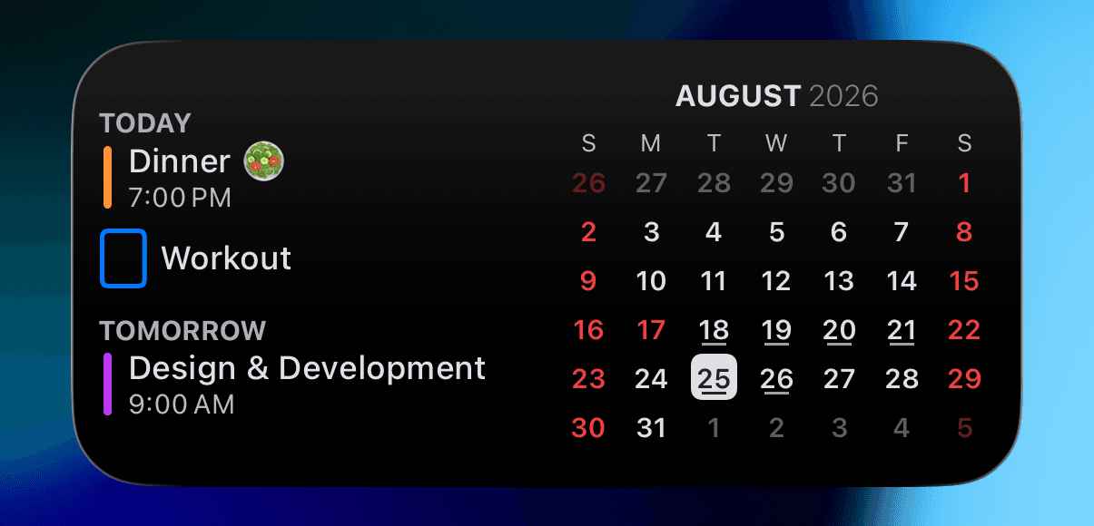 The 'Upcoming Events & Calendar' widget in 'Scheduler,' a calendar app for iPhone, iPad, and Mac