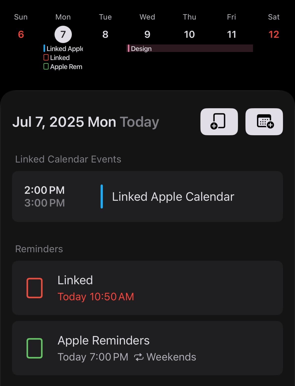 Weekly view in the Scheduler app, showing linked external calendars and Reminders.