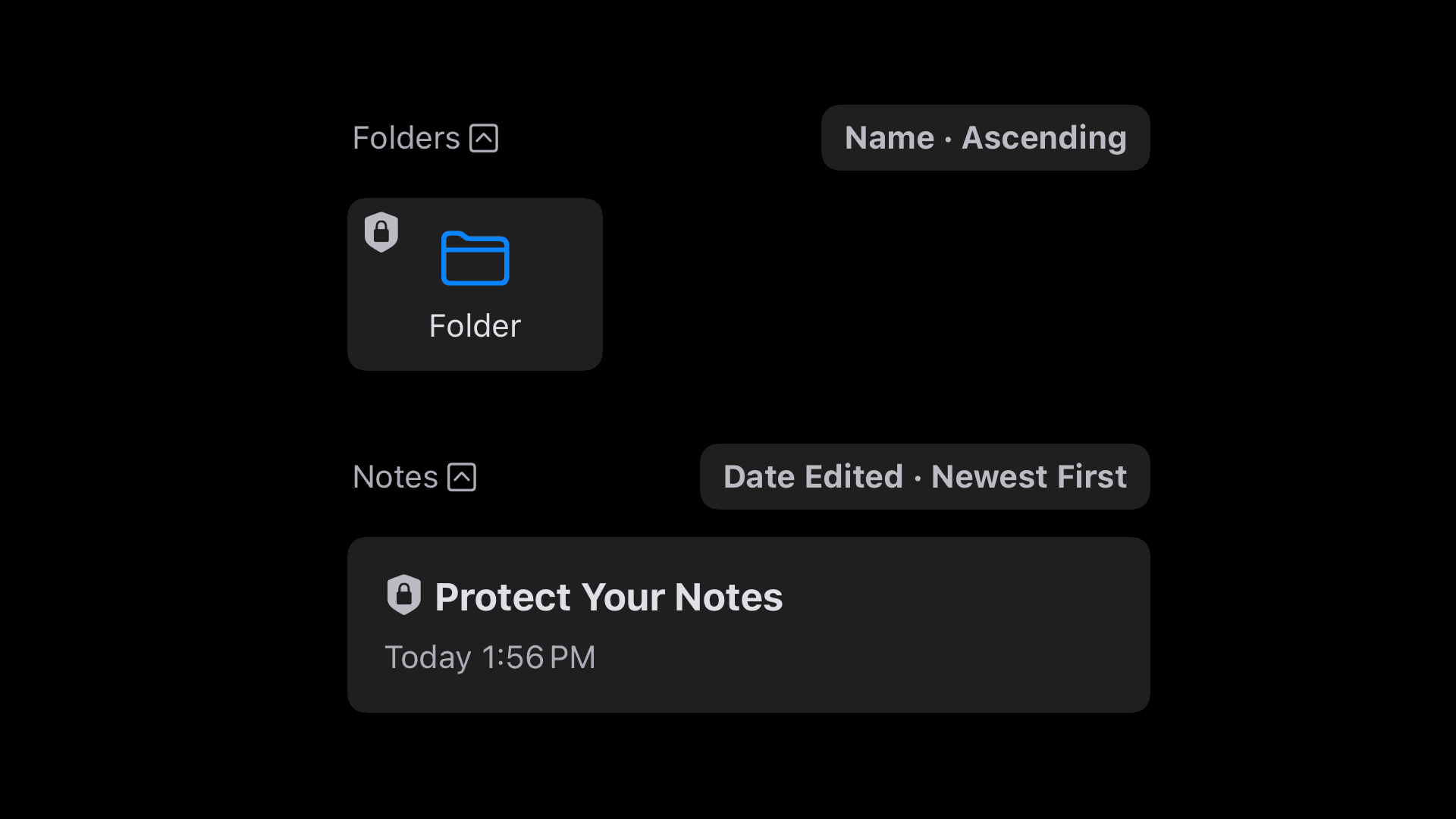 To help you quickly recognize the lock status, a lock icon appears in the top-left of locked folders and to the left of the summary line for locked notes 🔒