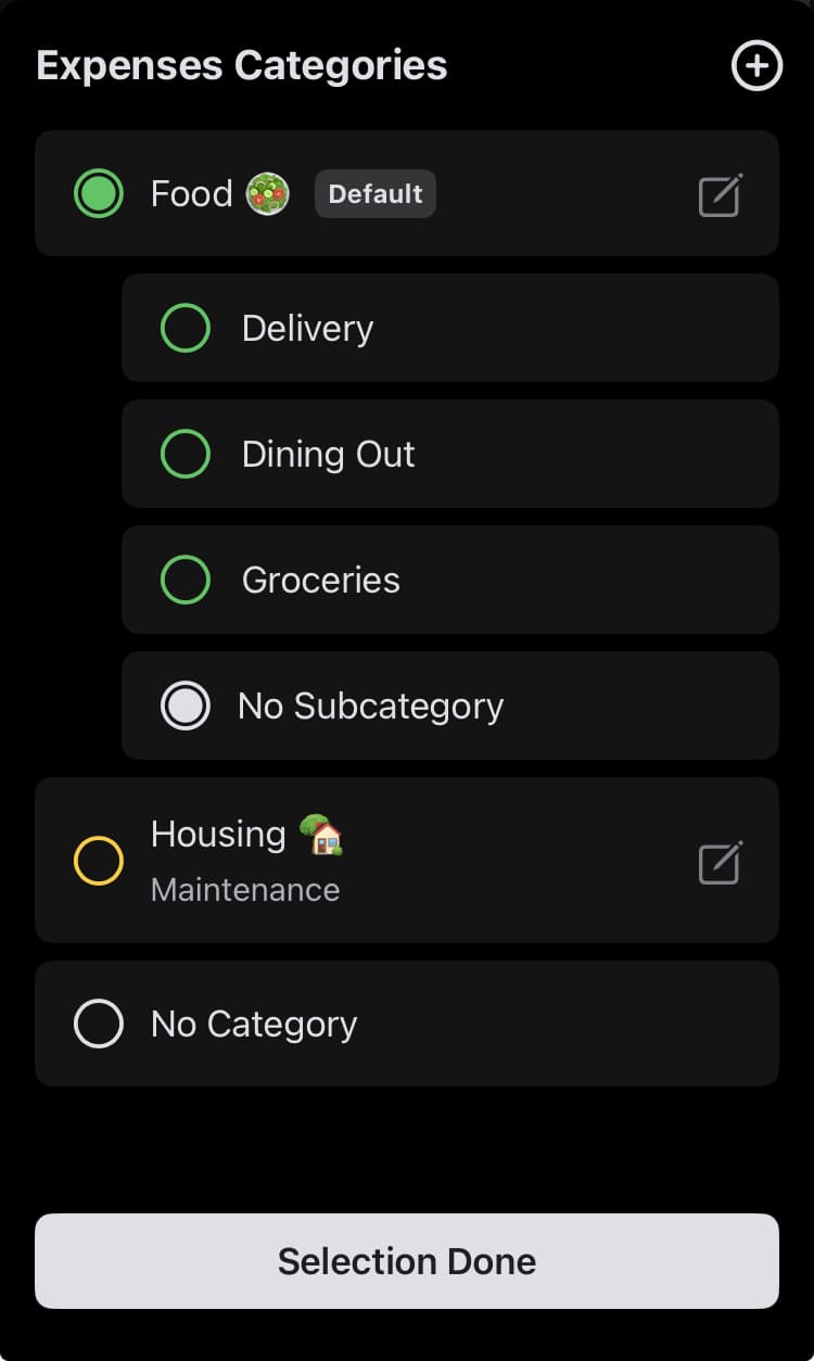 You can add and edit subcategories by going to the 'Category' selection screen while registering income or expenses, then entering the 'Edit' screen for each category.