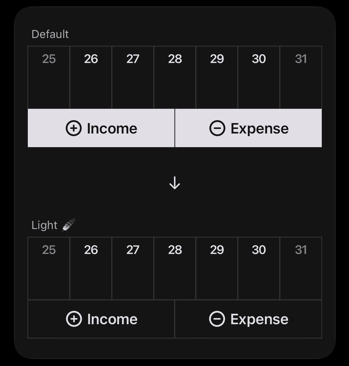 Theme that changes the buttons below the Money Keeper iPhone home screen calendar to a “light feel 🪶”