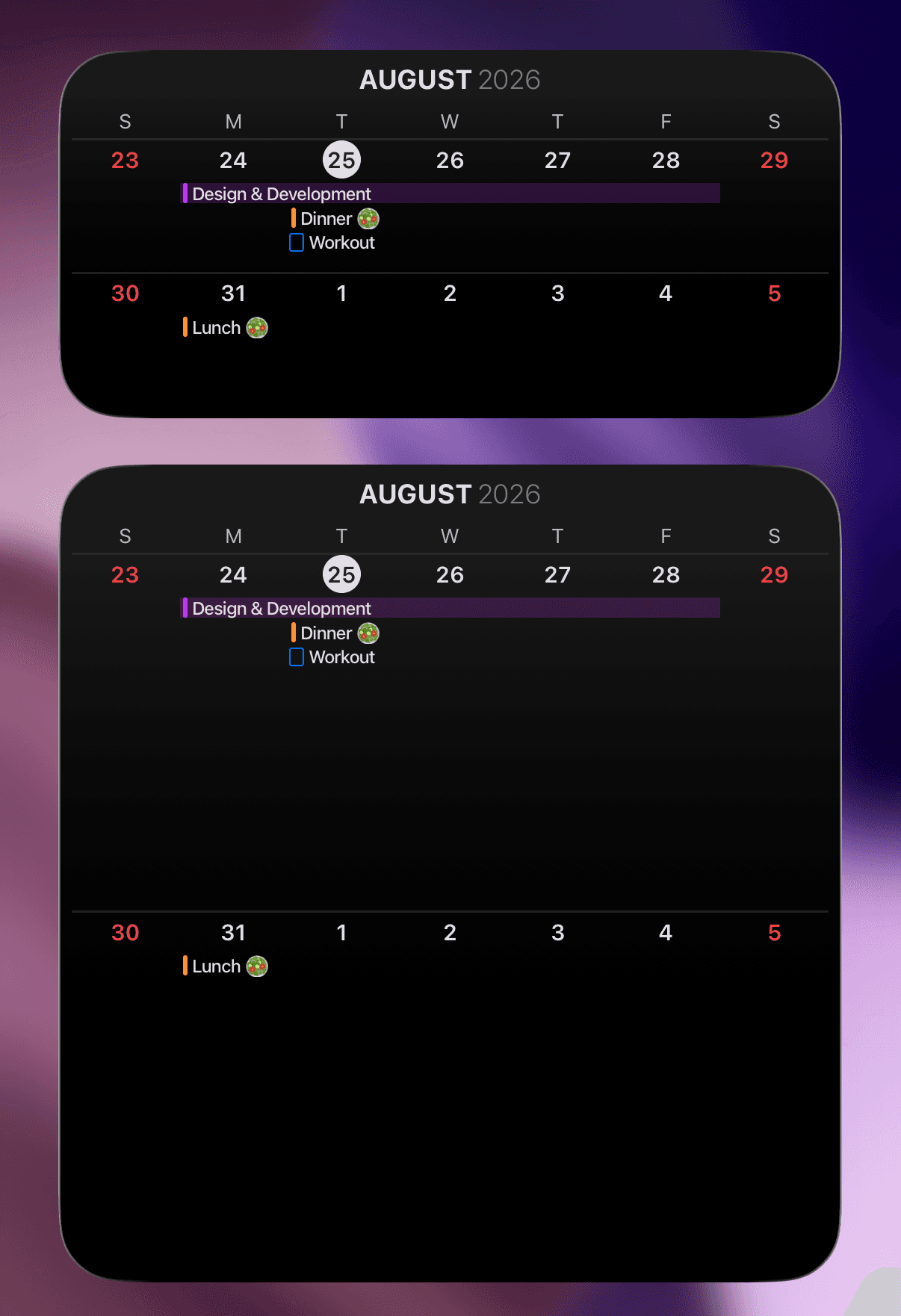 The '2 Weeks' widget in 'Scheduler,' a calendar app for iPhone, iPad, and Mac
