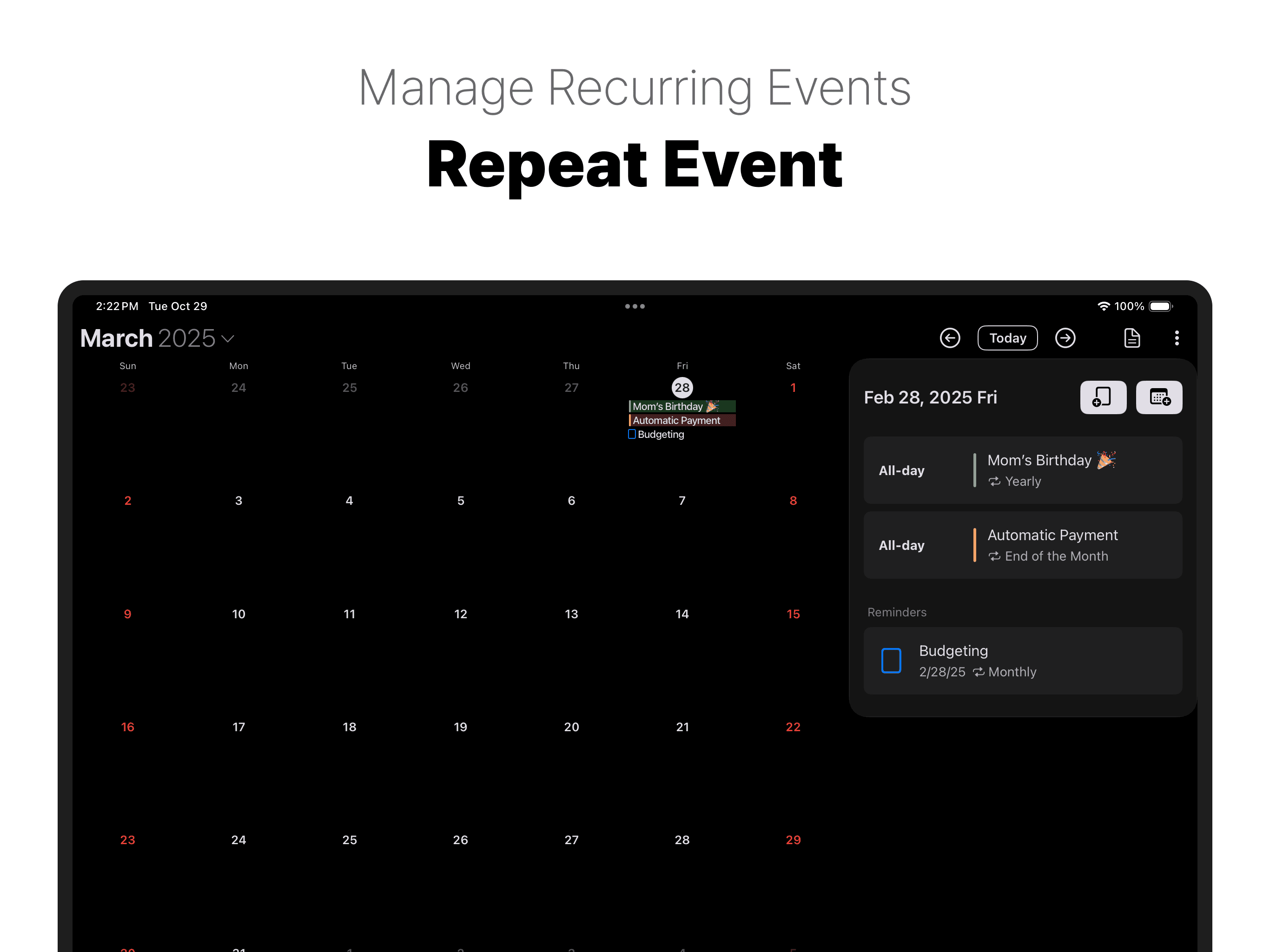 Repeat Events - iPhone, iPad, Mac A Minimalist's Calendar App