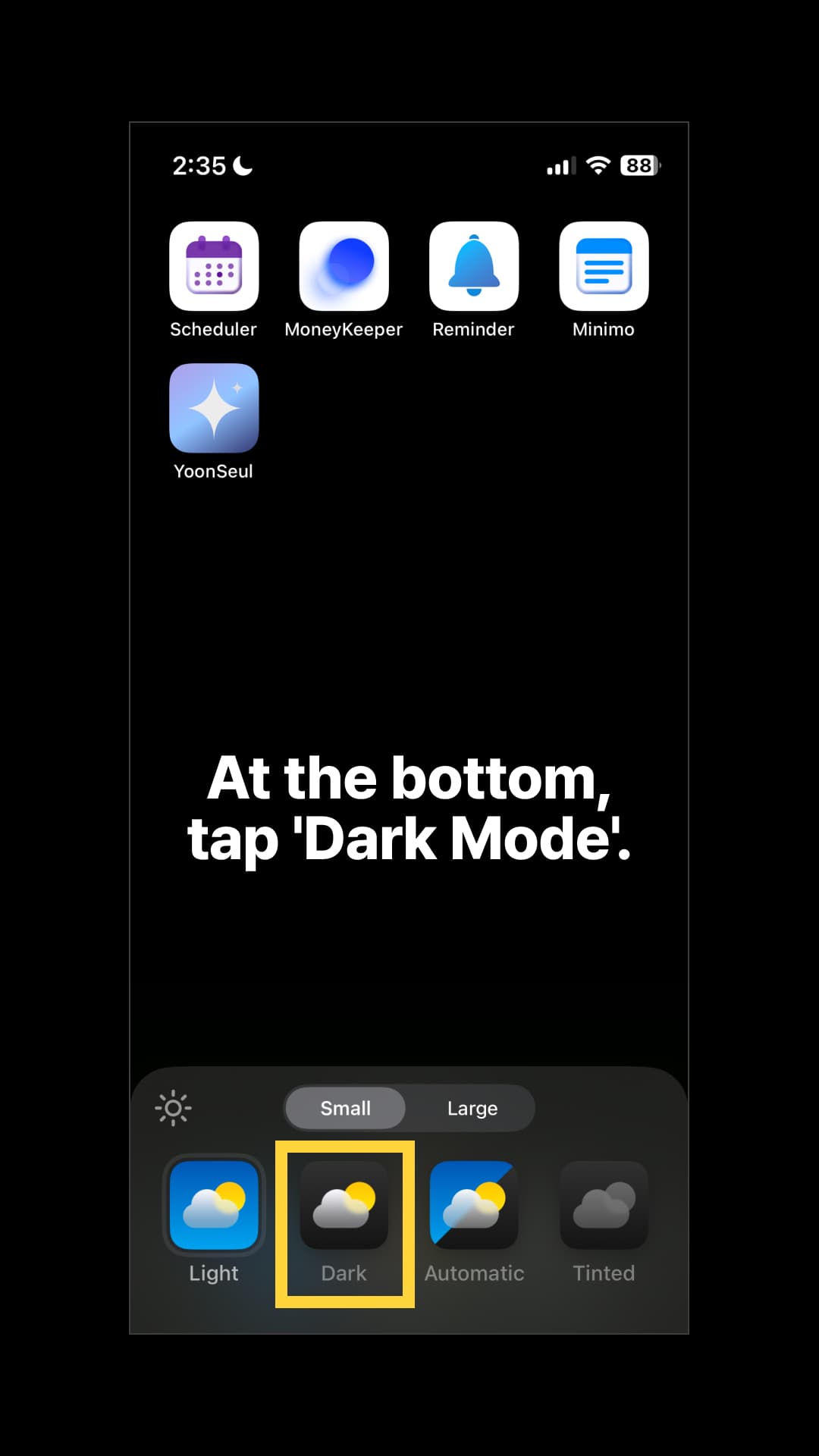 Tap "Dark Mode" at the bottom.