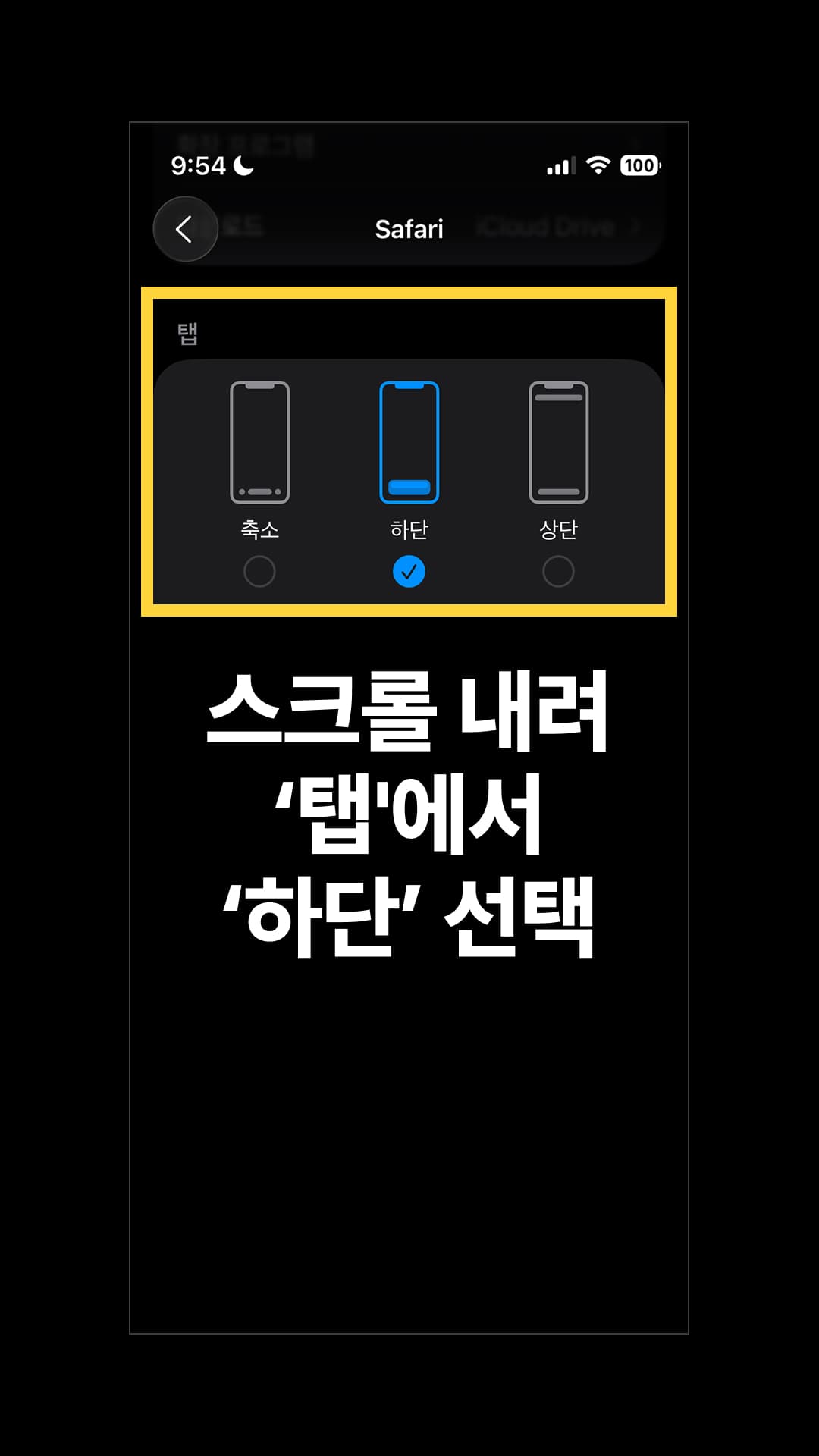스크롤을 내려 '탭' 설정을 '하단'으로 변경합니다.