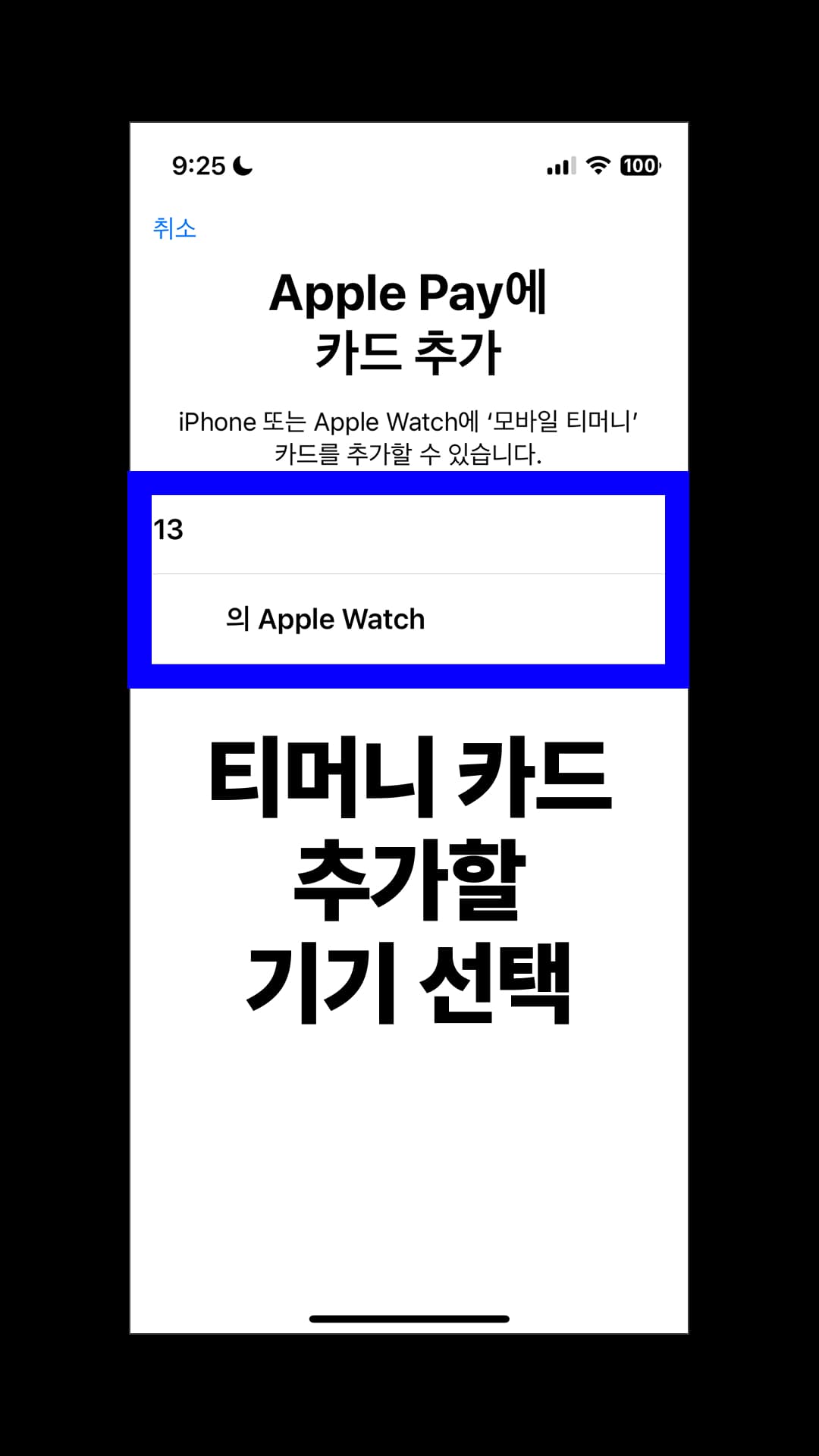 티머니 교통카드를 추가할 아이폰 또는 애플워치를 선택합니다.