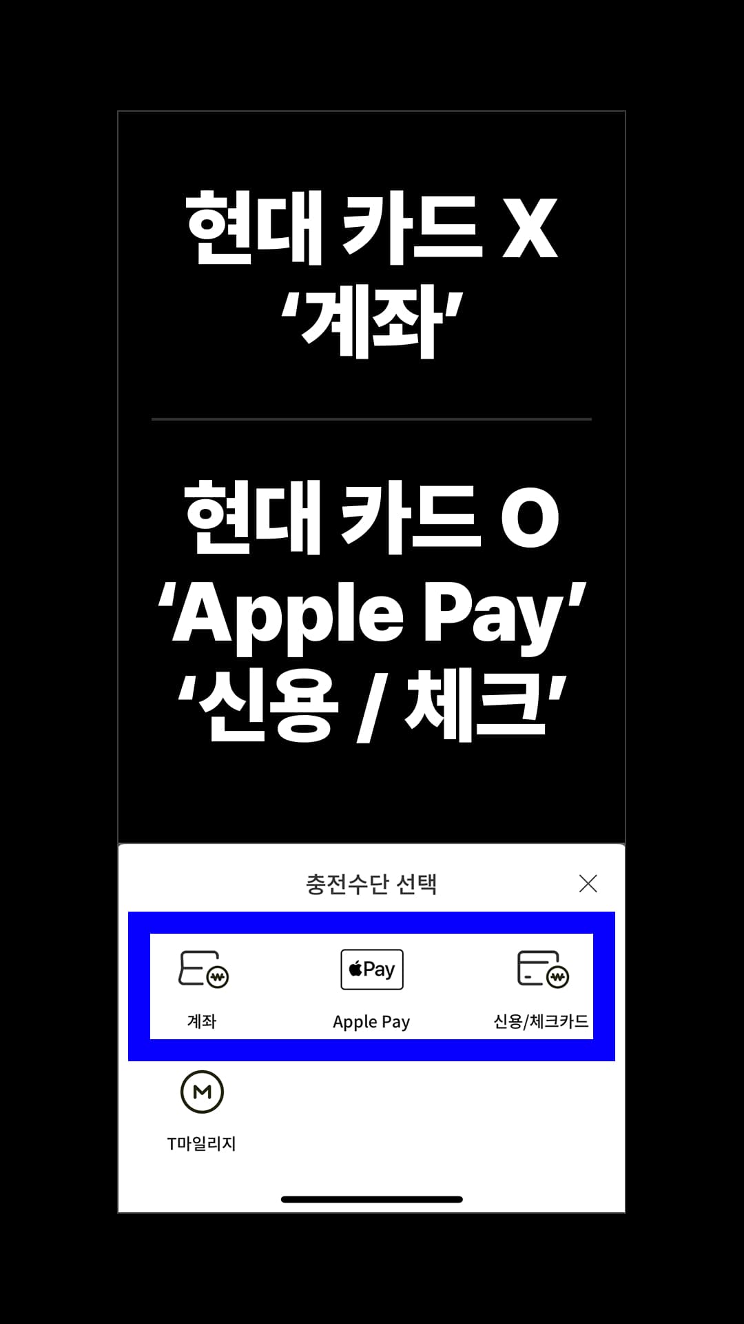 '현대카드'를 사용하지 않으신다면 '계좌'를, '현대카드'를 사용하신다면 'Apple Pay' 또는 '신용/체크카드'를 눌러 충전을 진행합니다.