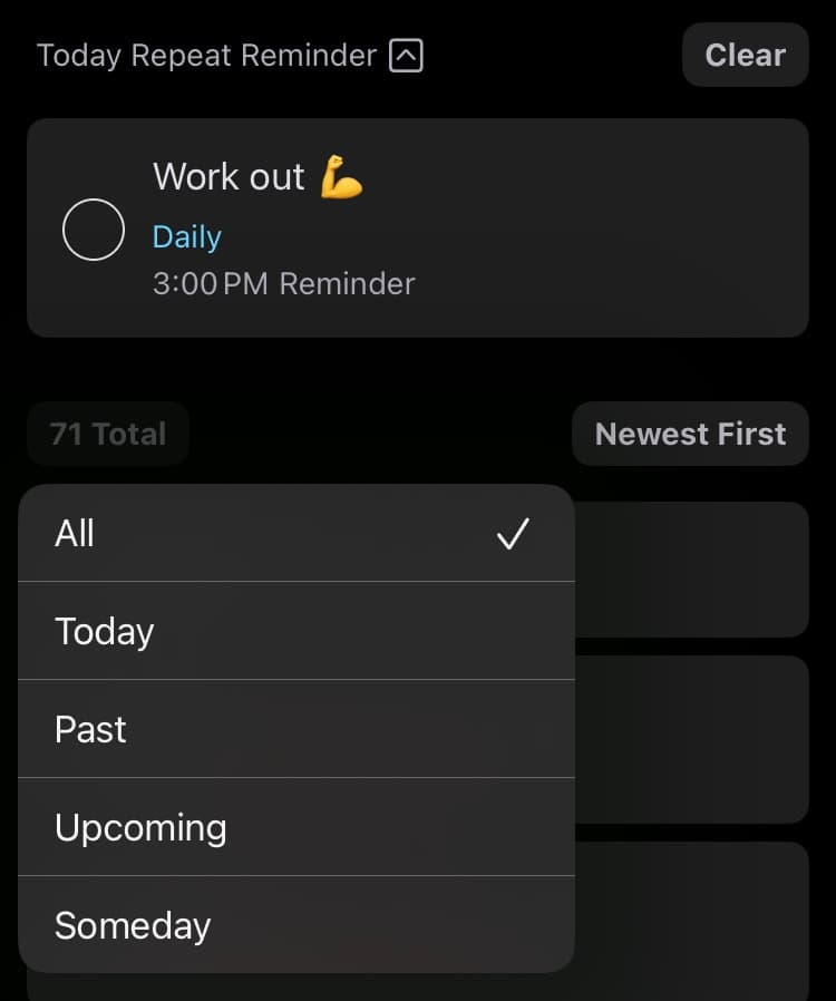 I added a filter feature so that you can manage your registered to-dos by dividing them into 'Today, Past, Upcoming, and Someday' 🎉🎉🎉 This allows you to classify to-dos in the same way as widgets within the app!