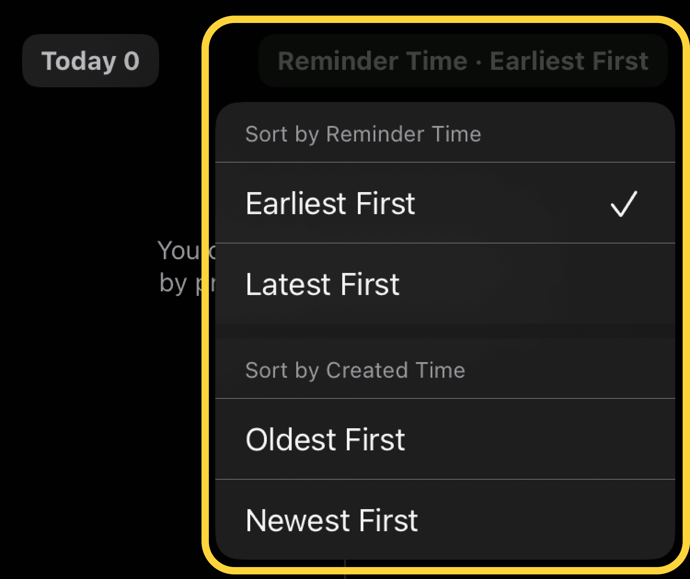 A new feature allowing you to sort by 'Reminder Time', which many users have requested, has been added to the Reminder app 🎉🎉🎉 As a Reminder app user, I found this feature to be essential, as it helps users manage their to-dos more conveniently. I'm delighted that you can now handle your tasks with greater ease!