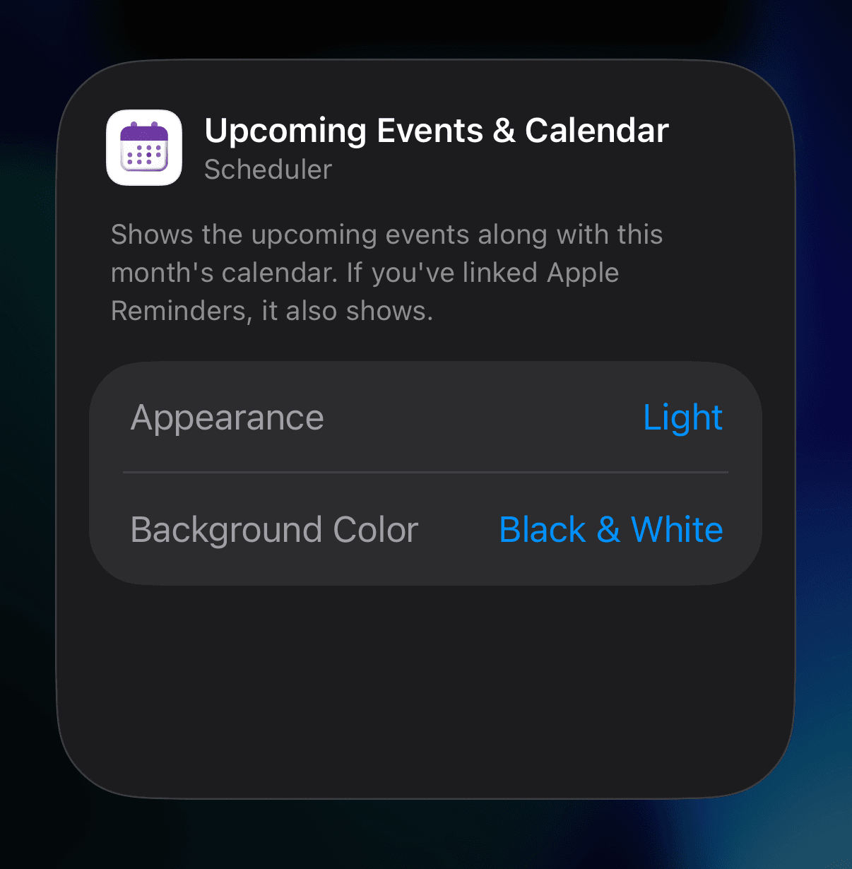 Widget 'Appearance' settings screen in the iPhone calendar app 'Scheduler'