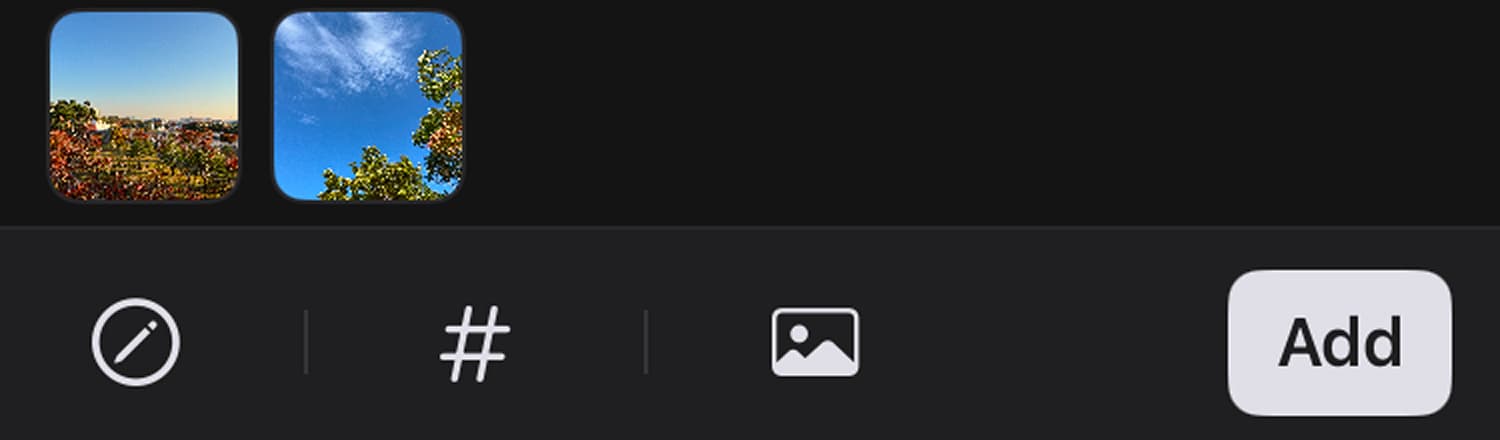 On the note creation screen, tap the image icon to the right of the '#' icon to attach up to 10 images per note.